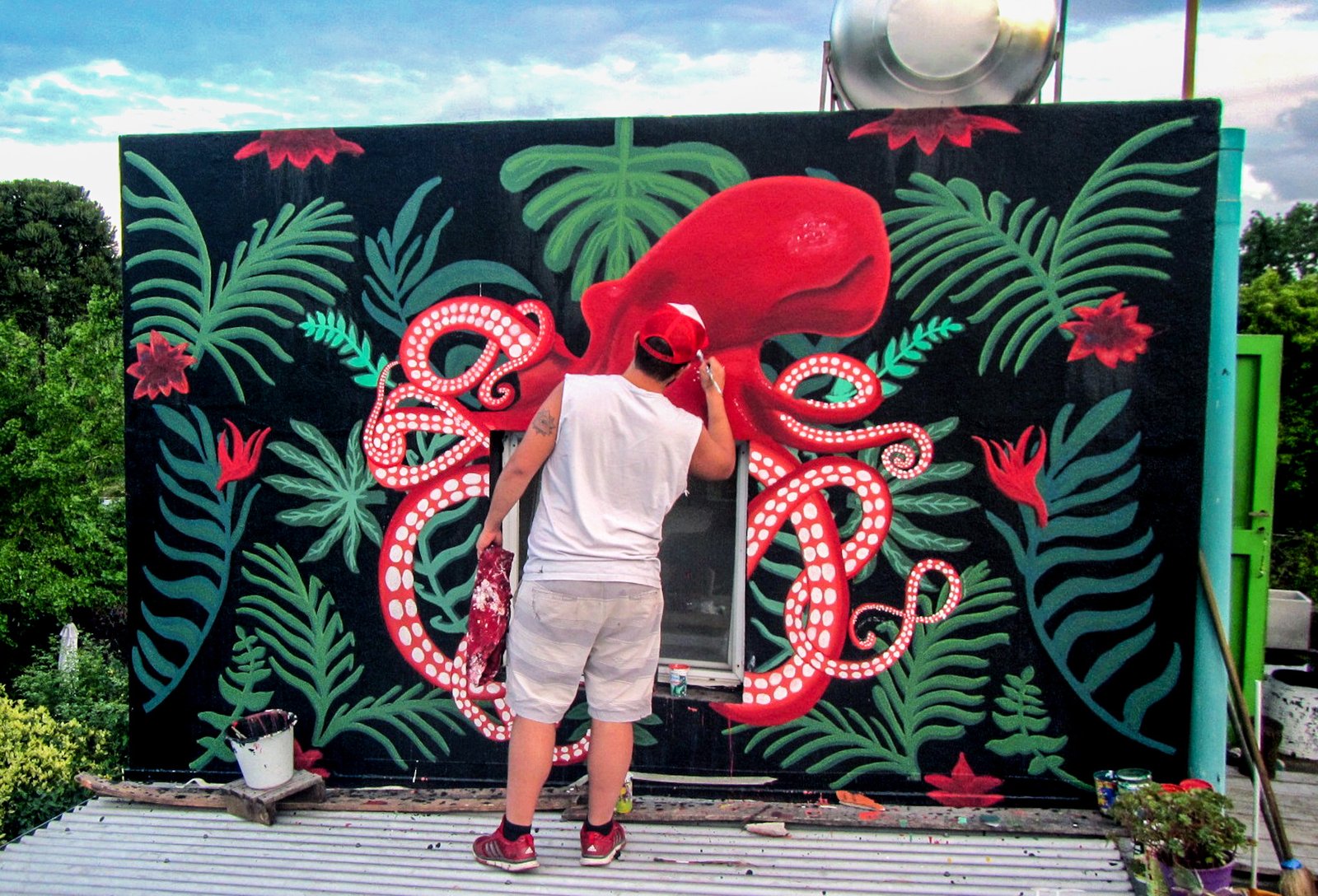 Flower Octopus mural by Cundo Marchi in Buenos Aires, Argentina, view 2