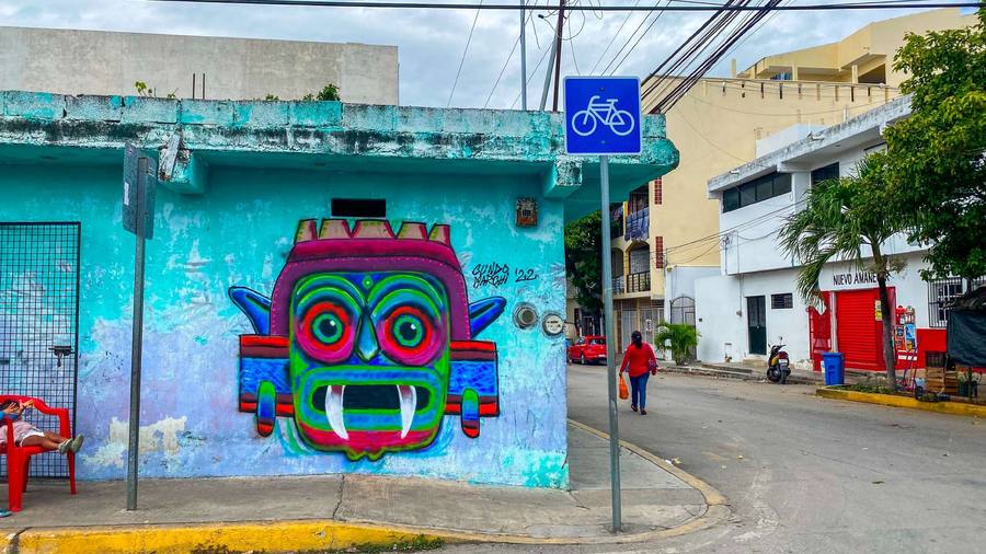 Tlaloc, mural by Cundo Marchi, Playa del Carmen, Quintana Roo, Mexico, 2022