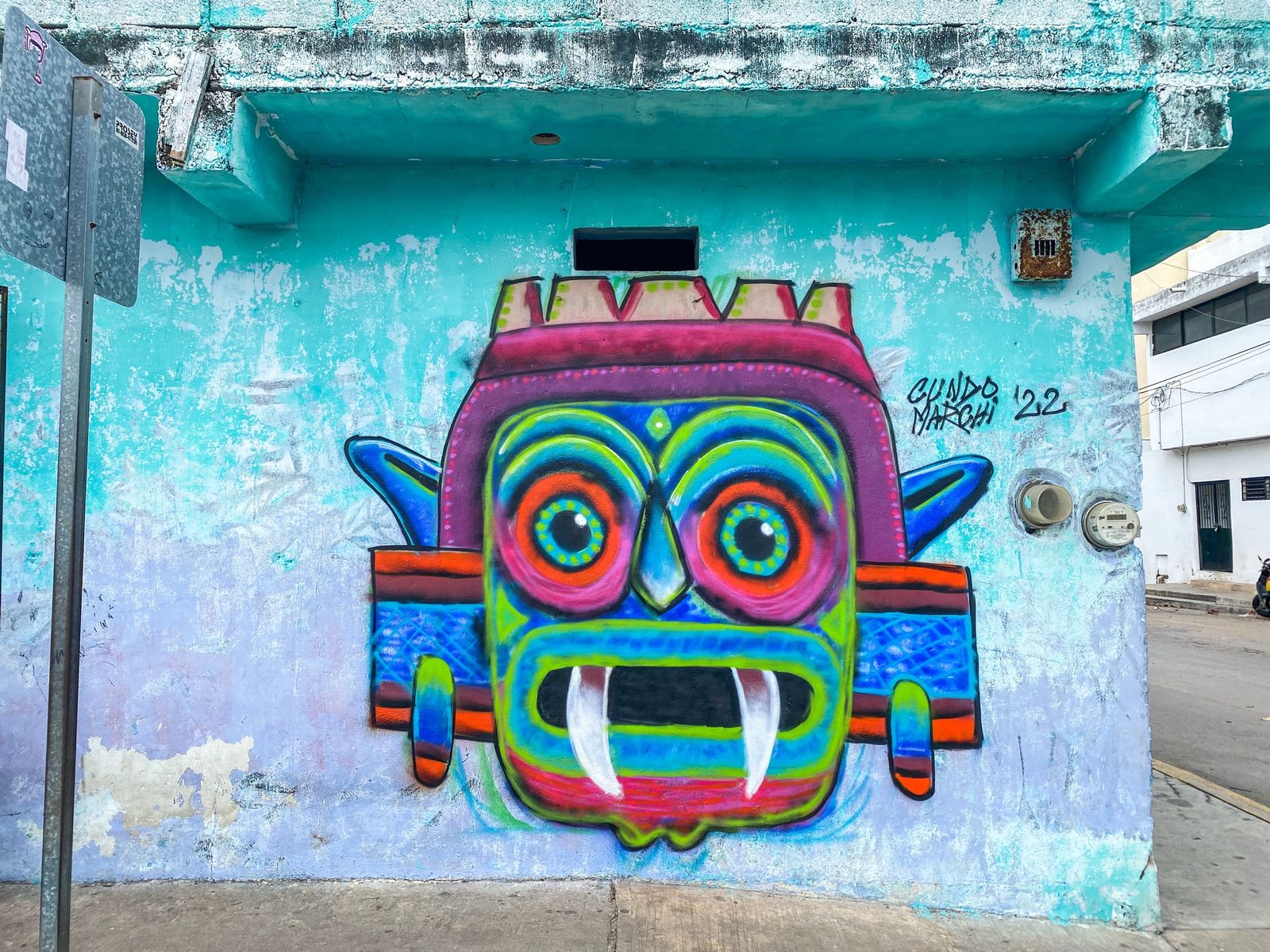 Tlaloc mural by Cundo Marchi in Playa del Carmen, Quintana Roo, Mexico, view 2