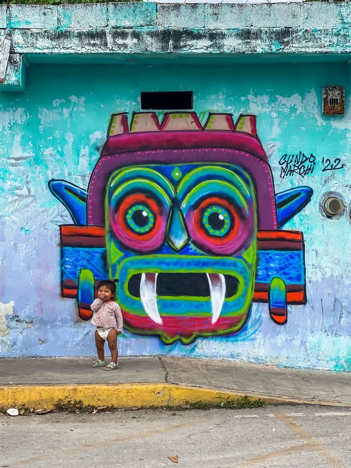 Tlaloc mural by Cundo Marchi in Playa del Carmen, Quintana Roo, Mexico, view 3